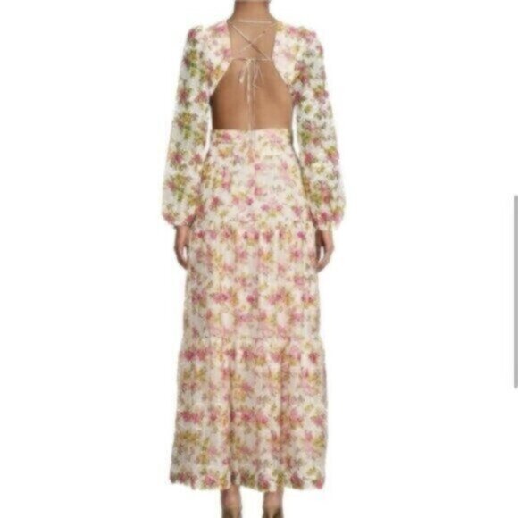 Lillian Floral Print Long Sleeve Deep V-Neck Cut-Out Tiered A-Line Dress - Picture 2 of 8